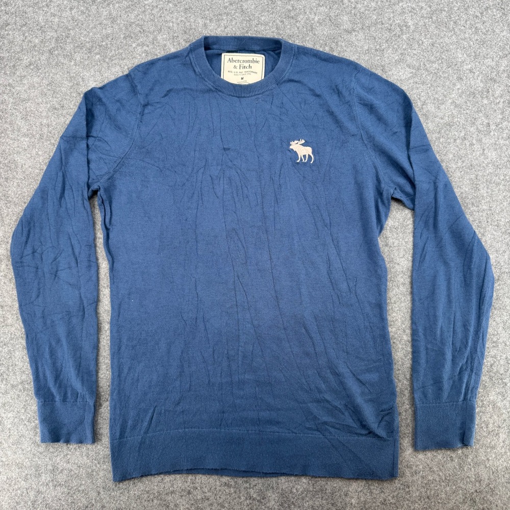 Abercrombie & Fitch Sweater Mens M Crewneck Blue Embroidered Logo EUC